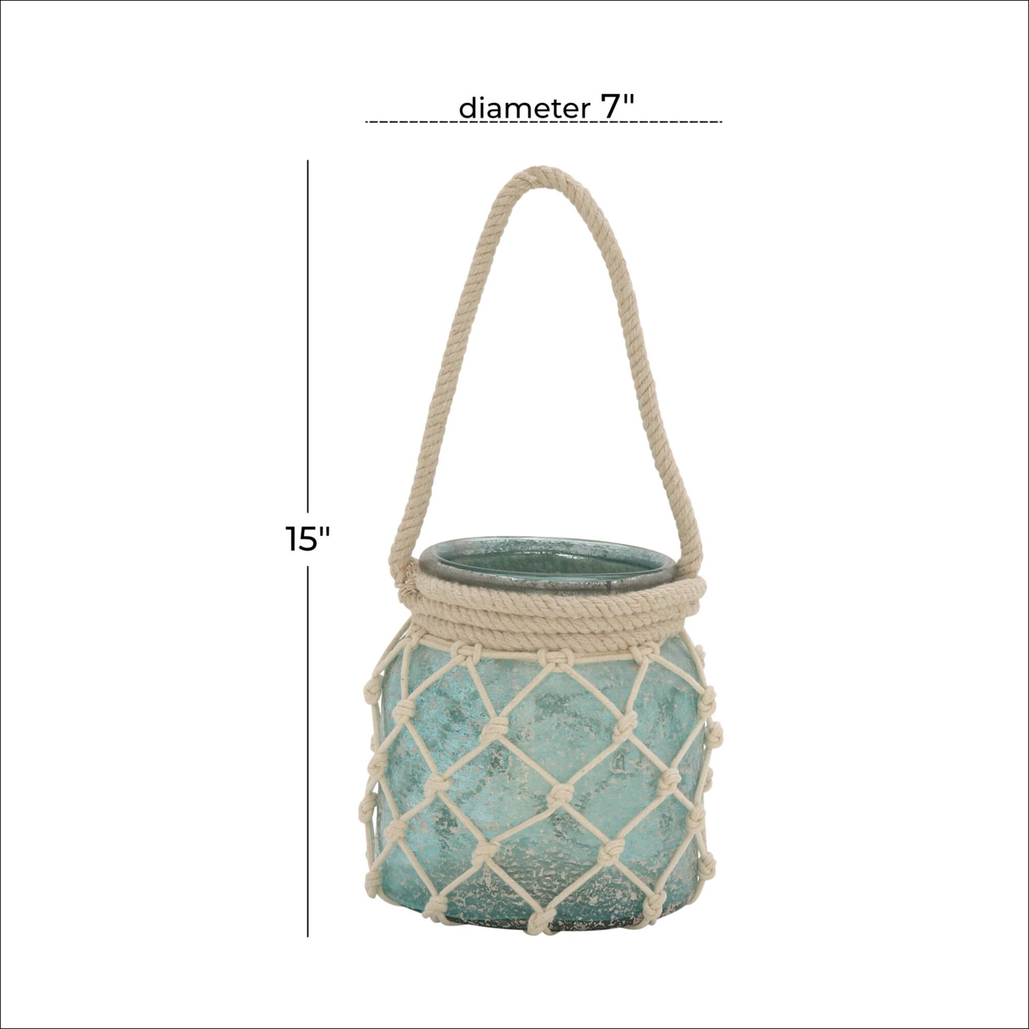 Aquamarine Glass Coastal Candle Holder Lantern, 15" x 7" x 7"
